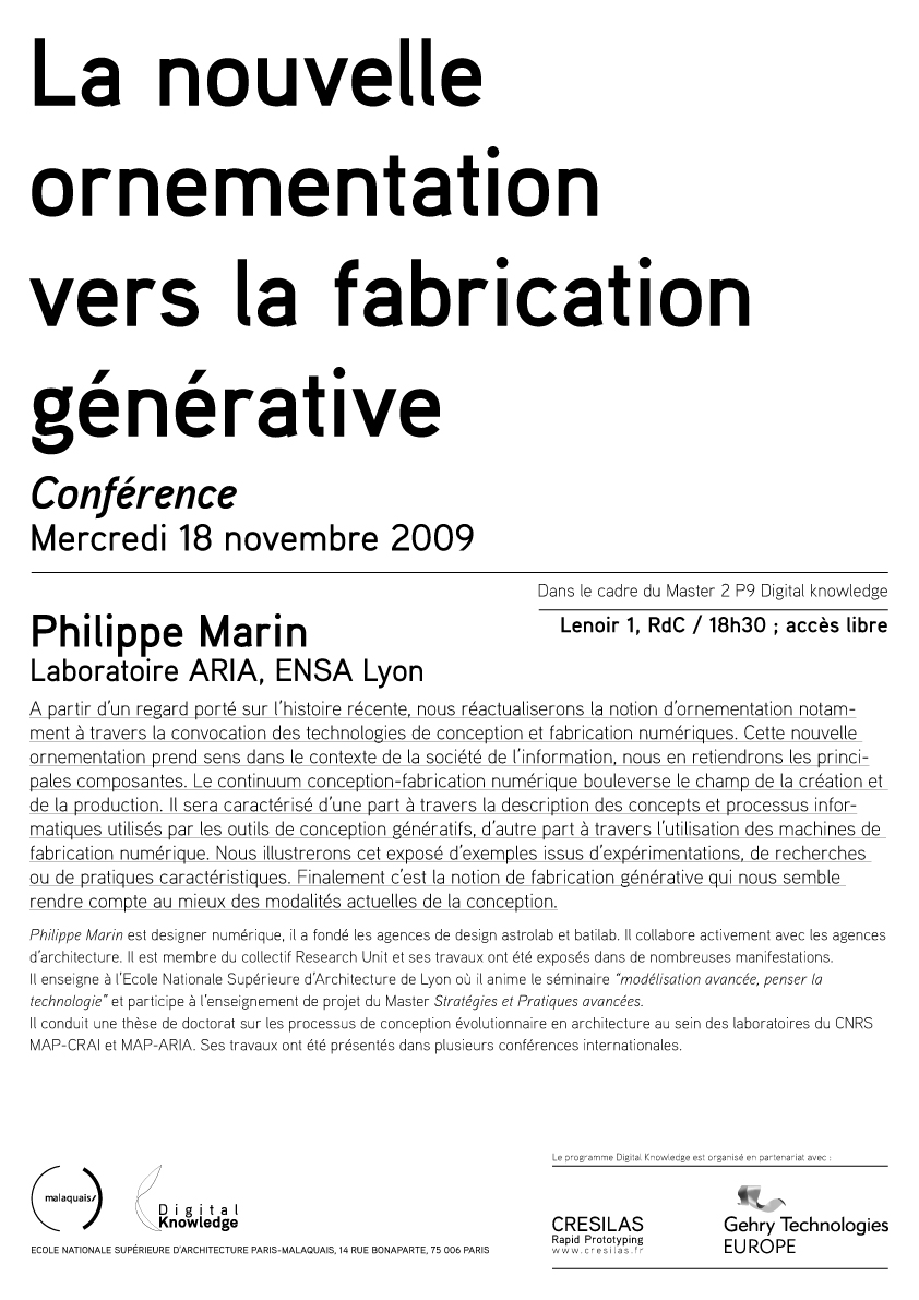CONFERENCE Philippe MARIN ENSAPM 18 11 2009